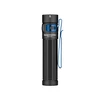 Olight Baton 3 Pro Max black flashlight with blue clip, white background.