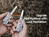 Hands holding upgraded mini multitool with liner lock safety mechanism showing file and knife blades open
