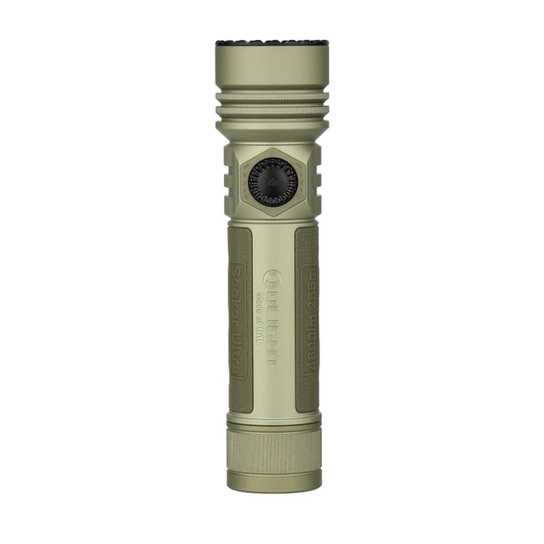 Olight Seeker Ultra OD green tactical flashlight with textured grip isolated on white background