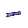 Olight Purple I3E Flashlight, side view, with gold geometric pattern and keyring, for portable EDC illumination.