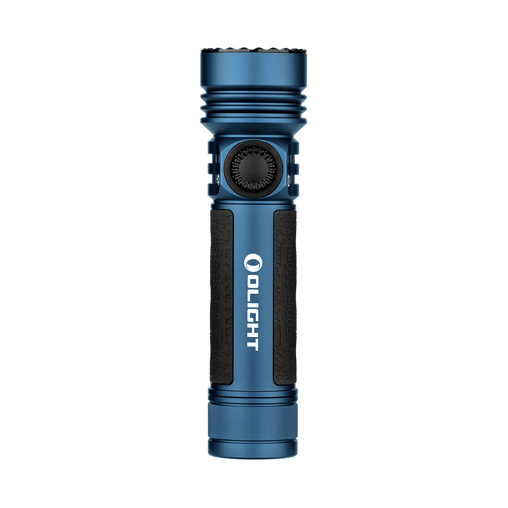 Olight Blue SEEKER 4 PRO Front View with Rotary Switch and Anti-Slip Grip for Outdoor Activities