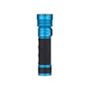 Olight Blue Seeker 4 Pro flashlight front view with textured grip for powerful illumination and outdoor use