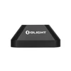 Black Olight flashlight charging dock, white Olight logo