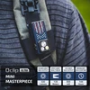 Olight Blue Oclip Ultra clip light attached to backpack strap, showing American flag design, for EDC and outdoor activities.