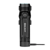 Olight Black Seeker 4 Pro rechargeable flashlight front view in charging dock for powerful illumination.