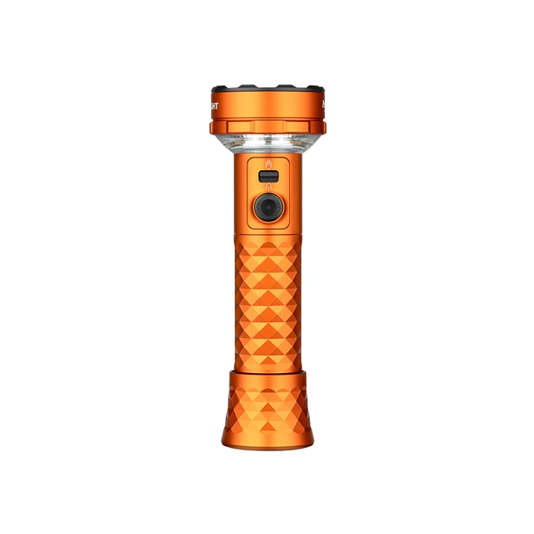 Olight Orange Prowess Flashlight Front View with Diamond Texture Grip and Dual Light Sources for Outdoor Camping
