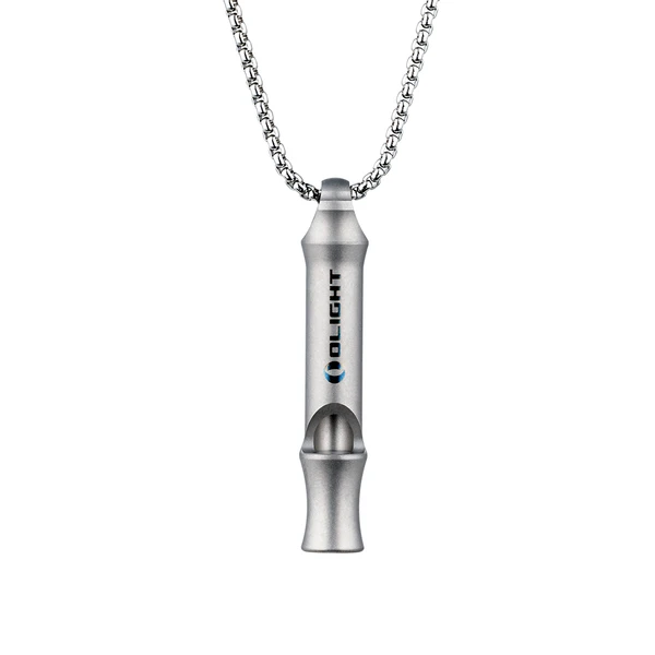 OLIGHT Survival Whistle with chain, metal, emergency, outdoor, hiking, camping, safety, signaling, gear, silver