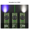 Olight Green Arkfeld Pro 3-in-1 EDC Flashlight showing UV Light, Green Laser Beam, and White Light Modes