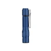 Blue textured EDC flashlight with black pocket clip and a tactical knurled grip, standing upright.