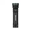 Olight Black Seeker 4 Pro rechargeable flashlight front view in charging dock for powerful illumination.