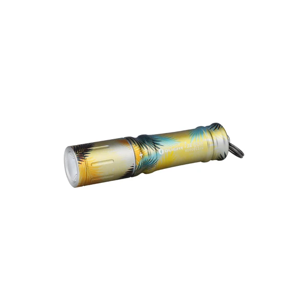 Olight Yellow Tropical Palm I3E EOS Keychain Flashlight Side View with Ring for EDC and Everyday Carry