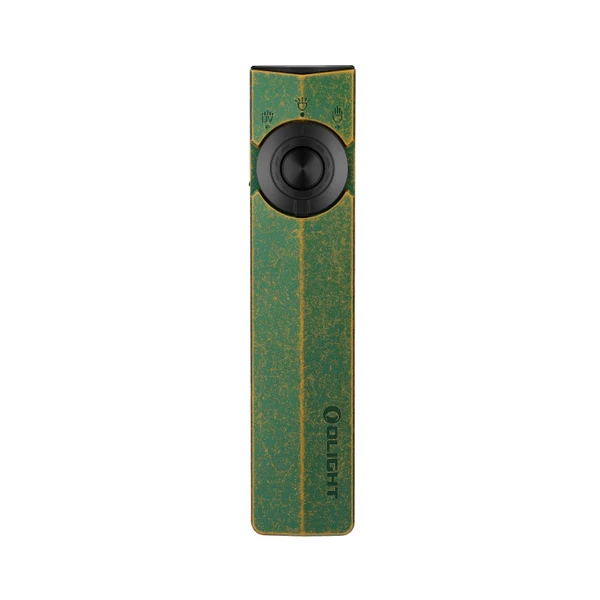 Olight Arkfeld UV limited edition EDC flashlight with textured green body, black center button, and UV indicator