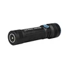 Olight Seeker 3 Pro black rechargeable LED flashlight with textured grip and blue rotary switch isolated on white background
