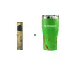 Olight Arkfeld Pro flat flashlight in zombie green and green stainless steel tumbler with red splatter.