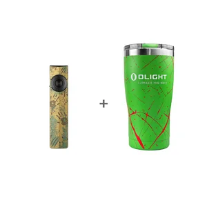 Olight Arkfeld Pro flat flashlight in zombie green and green stainless steel tumbler with red splatter.