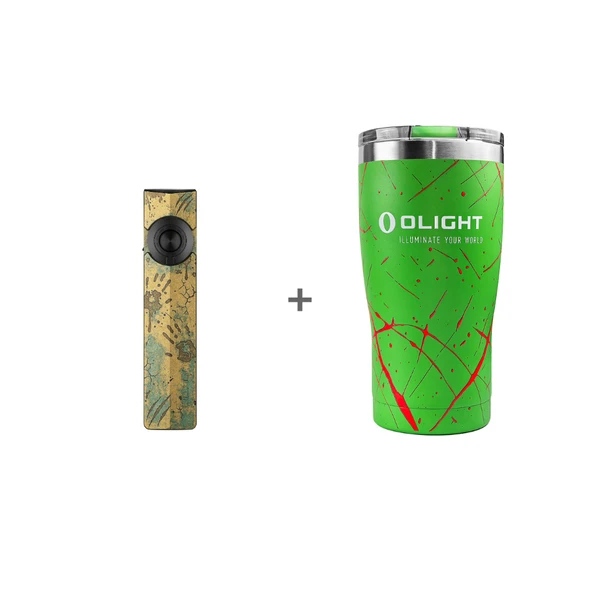 Olight Arkfeld Pro flat flashlight in zombie green and green stainless steel tumbler with red splatter.