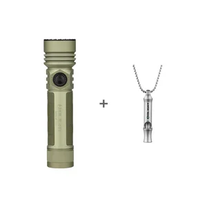 Olight Seeker Ultra OD green tactical flashlight bundled with a silver titanium emergency whistle necklace