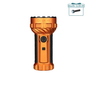 Olight Orange Marauder Mini Powerful Flashlight Front View with Black Textured Grip for Outdoor Search and Rescue