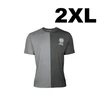 Men's 2XL short-sleeve t-shirt, gray and dark gray split design, "Rethink Light. Reimagine Style." text.