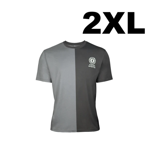 Men's 2XL short-sleeve t-shirt, gray and dark gray split design, "Rethink Light. Reimagine Style." text.