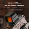 OSIGHT XE AMRS red dot sight on a rifle, featuring an enclosed emitter, collapsible backup sight, and multi-reticle system.