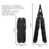 Black stainless steel multi-tool specifications showing open and closed dimensions and product materials.