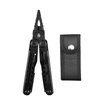 Black stainless steel tactical multitool pliers with matching nylon sheath, isolated on white background.