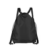 Black drawstring backpack with mesh side pockets, adjustable straps, hexagonal texture, white background