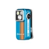 Olight Blue Oclip Pro front view with orange racing stripes, three LED emitters, and a pocket clip for portable lighting.