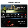 Headlamp with dual white and red light. White for daily illumination, red for night vision. Multiple brightness settings.