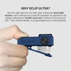 Olight Blue Oclip Ultra clip light held by hand, side view showcasing its 14mm clip and three light sources for versatile tasks.