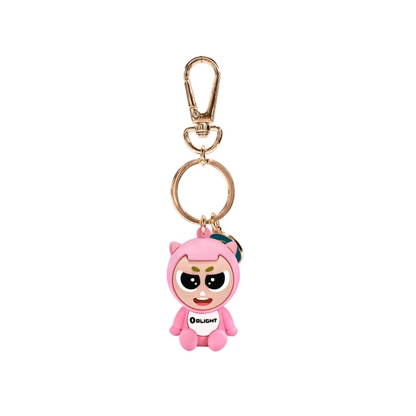 Pink Olight cartoon character keychain with grumpy face, cat ears, and gold clasp.