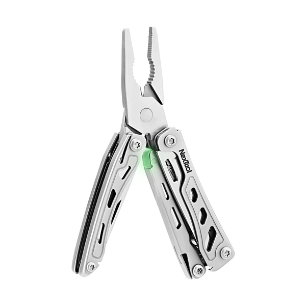 NexTool stainless steel multi-tool pliers with open jaws isolated on white background