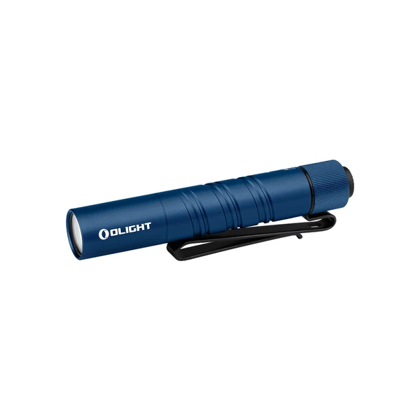 Olight Blue I3T 2 flashlight side view with textured body and pocket clip for everyday carry