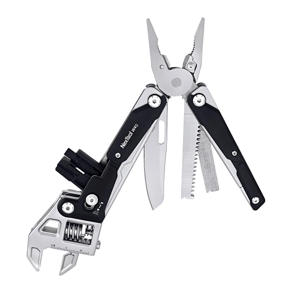 NexTool W40 multi-tool featuring open pliers, adjustable wrench, knife, and saw on a white background