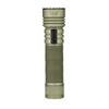 Olive green tactical LED flashlight with textured grip and USB charging port isolated on white background