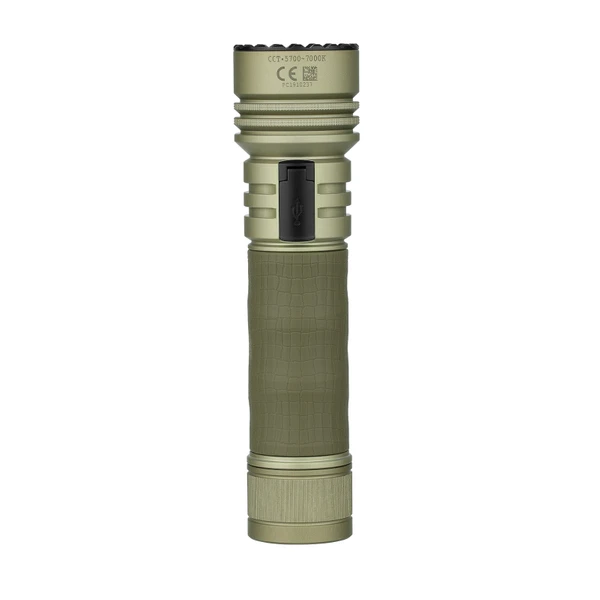 Olive green tactical LED flashlight with textured grip and USB charging port isolated on white background