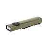 Olight Olive Green Arkfeld Ultra Flat Flashlight Perspective View showing Dual Light Bezel and Pocket Clip for EDC Use