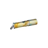 Compact keychain flashlight featuring a tropical palm tree pattern in yellow and blue, isolated on white background