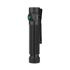 Black tactical flashlight, "Baton 4 Pro" visible, green lens, textured grip, pocket clip.