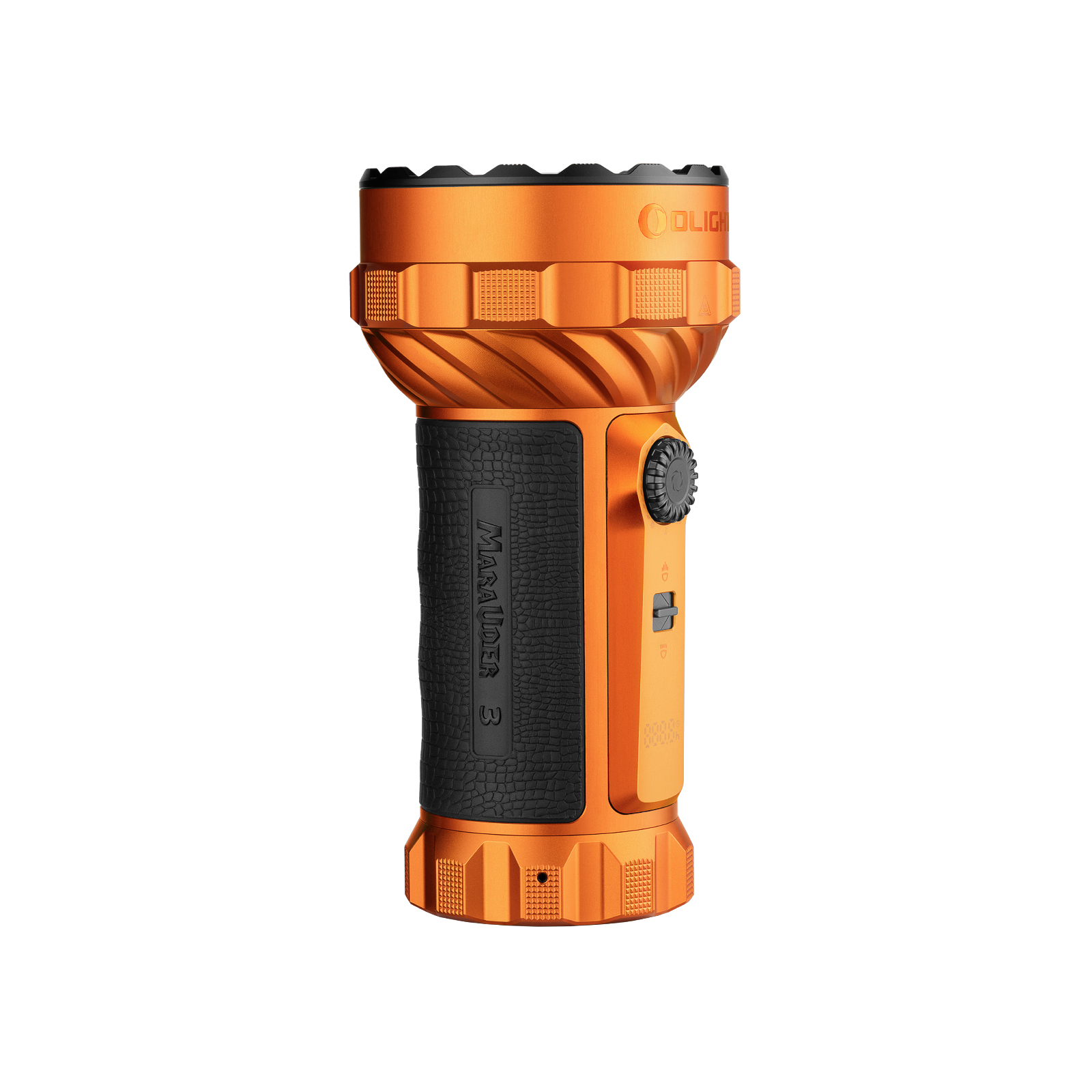 Olight Orange Marauder Mini Flashlight with Black Rubber Grip and Rotary Switch Knob for Outdoor Search and Rescue