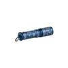 Blue mini keychain flashlight with engraved floral patterns on white background