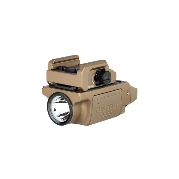 Olight weapon light, desert tan, tactical flashlight, unlock switch, pistol mounted light, bright beam