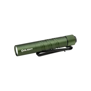 Olight olive green I3T 2 EDC flashlight, side view, with textured tailcap and pocket clip.