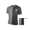 Two-tone gray and black performance t-shirt with logo, and matching foldable bag.