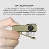 Olight olive green Oclip Ultra held in hand, demonstrating its 14mm clip opening and versatile three light sources.