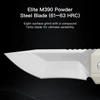 Elite M390 powder steel compound tanto blade with eight-surface grind and 61-63 HRC hardness.