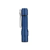 Blue tactical flashlight with textured grip and pocket clip, white background