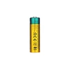 Rechargeable yellow and green AA Ni-MH battery showing specifications and CE safety certification.
