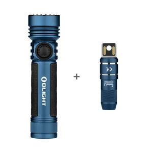 Olight Seeker 4 mini blue flashlight and Imini 2 keychain light on white background.